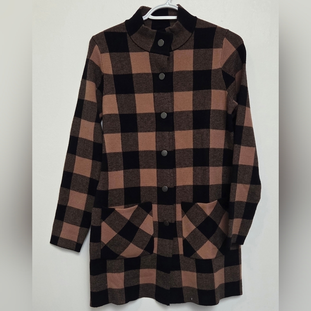 Max Studio Sz S Viscose Blend Plaid Tan& Black Button-Up Pocket Long Jacket Coat